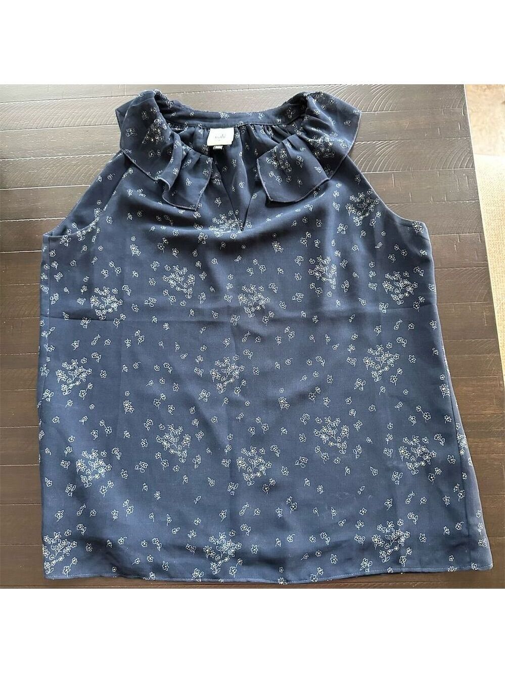 CAbi Women's S Navy Bouquet Floral Ruffle Sleeveless Blouse Casual